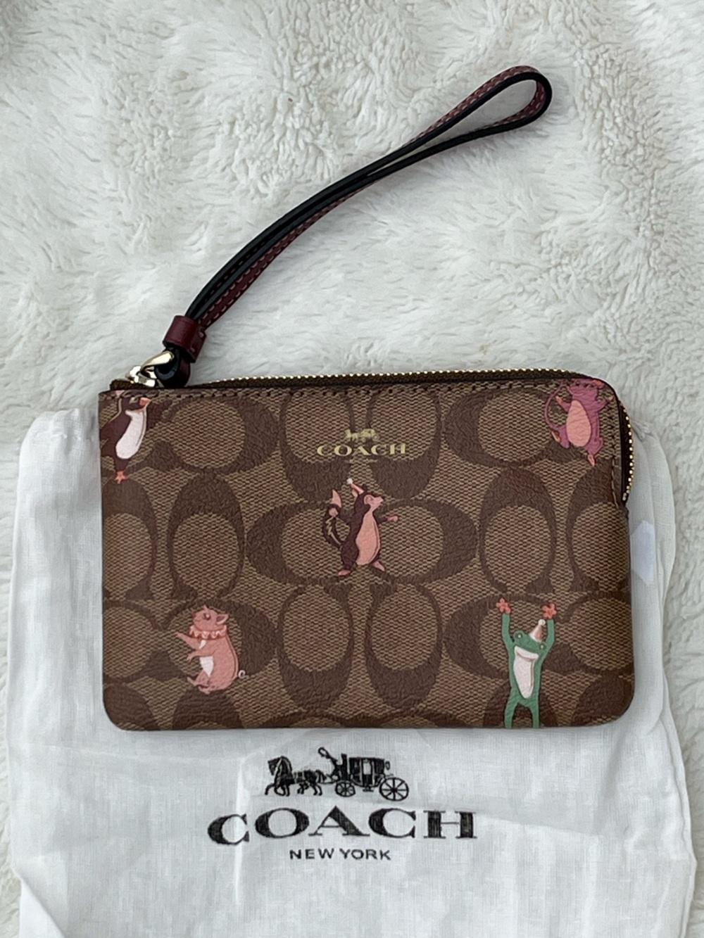 NWOT Coach Brown Signature Whimsical Party Animal Zip Wristlet AND Dust Bag